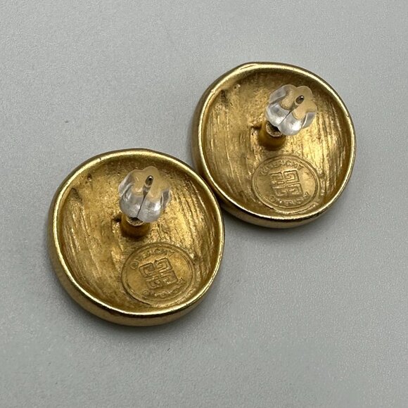 Vintage Givenchy Earrings Gold Tone Studs Pierced Round Button 4G Logo Matte - Picture 7 of 10